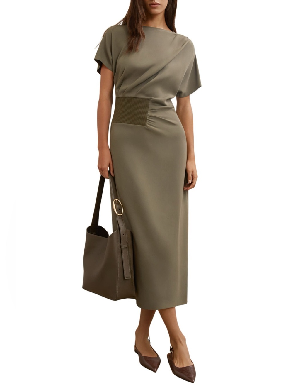 Reiss Etta Rib Detail Drape Dress Midi Olive Khaki Green Size 0 NWOT - Picture 1 of 7
